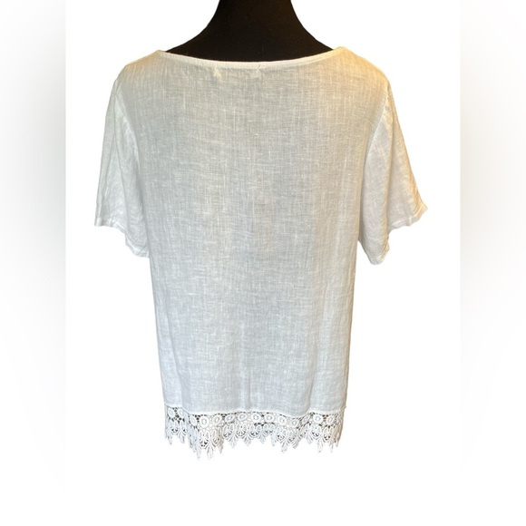 Terzo Millennio White Linen Top With Crocheted Lace Hem, Size Large, Bohochic - Picture 2 of 5